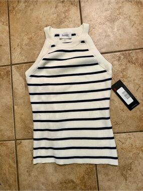 Korye Navy Stripe Ribbed High Neck Tank Top - White/Blue